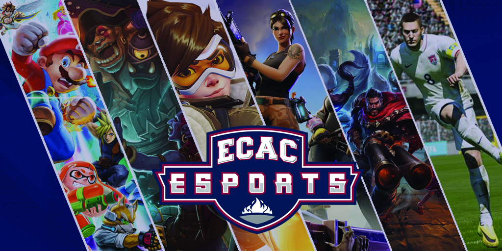ECAC eSports Banner - FIFA, Fortnight, Hearthstone, League of Legends, Overwatch, Super Smash Bros Ultimate